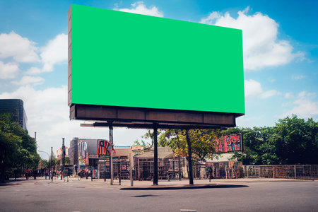 Blank green billboard on street with blue sky and white clouds.の写真素材