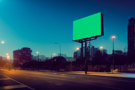 Blank green billboard on the road with cityscape at night.の写真素材