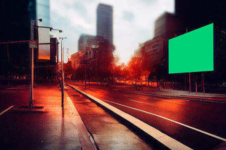 Blank green billboard in the city at night. greenscreen.の写真素材