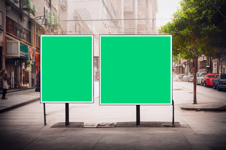 Blank green billboard on city street. Mockup, 3D Renderingの写真素材