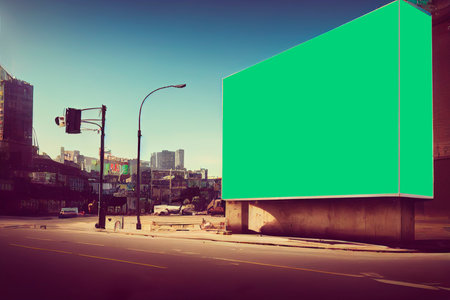 Blank billboard on city street with cityscape background, vintage style.の写真素材