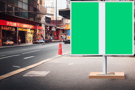 Blank green street billboard on city street. Mockup, 3D Renderの写真素材