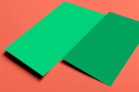 Blank green business card on red background. Mockup for branding identity.の写真素材