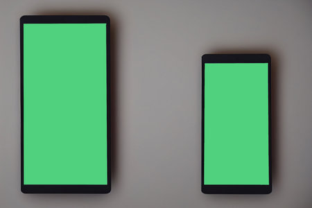 Two black smartphones with green screen on gray background. mockup.の写真素材
