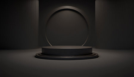 Black round podium on dark background. Mockup, 3D Renderingの写真素材
