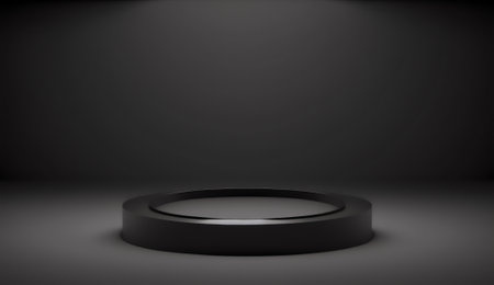Black round podium on dark background, 3d rendering. computer digital drawing.の写真素材