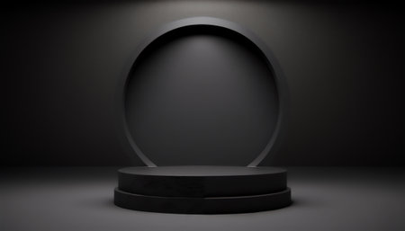 Black round podium on dark background. 3d rendering. Mockup for designの写真素材