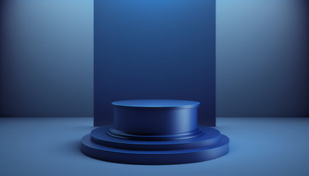 Blue round podium on blue background. 3d rendering. Abstract minimal scene.の写真素材