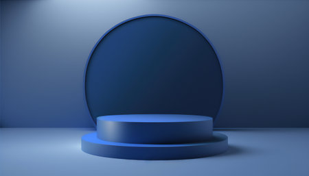 Blue round podium on blue background. 3d render abstract minimal sceneの写真素材