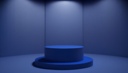 Blue podium and spotlights on blue background. 3D rendering.の写真素材