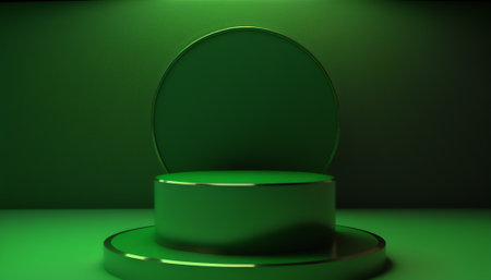 3d rendering of a green background with a round podium in the middleの写真素材