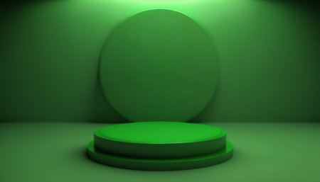 Green background with round podium. 3d rendering. computer digital drawing.の写真素材