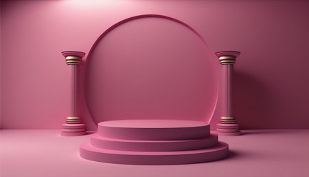 3d render of abstract minimal geometric forms. Glossy pink podium for your design.の写真素材