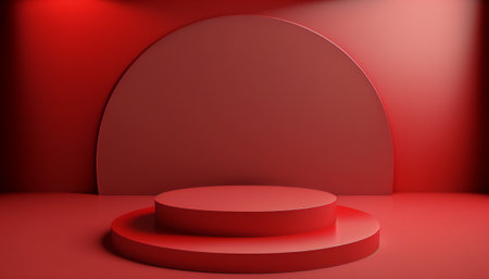 Red round podium on a red background. 3d rendering image.の写真素材