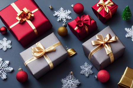 Christmas background. Gifts and decorations on gray background. Flat lay, top view.