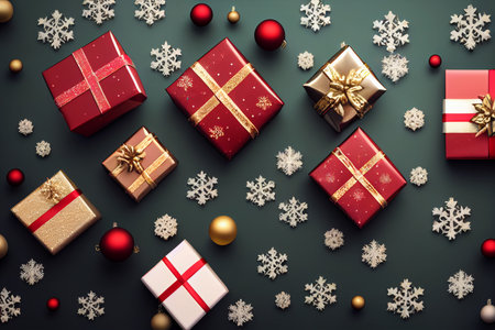 Christmas and New Year background with gift boxes, balls, snowflakes, Christmas decorations on dark background. Flat lay, top view.の写真素材