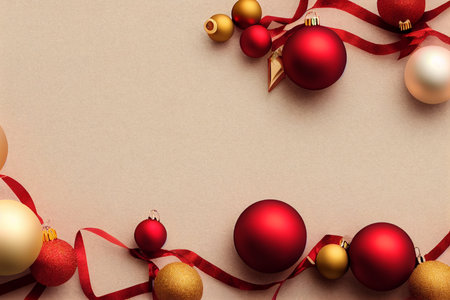 Christmas background with red and gold baubles and ribbons on paperの写真素材