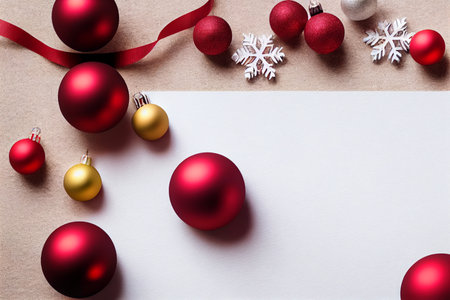 Christmas background with red and gold baubles and snowflakesの写真素材