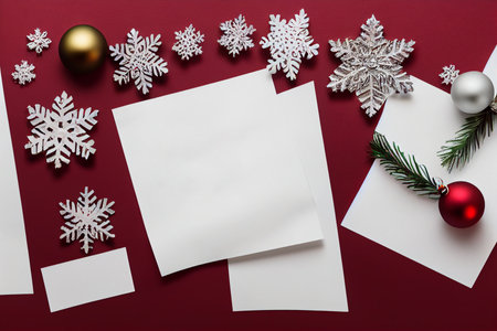 Christmas mockup with blank card and christmas decorations on red backgroundの写真素材