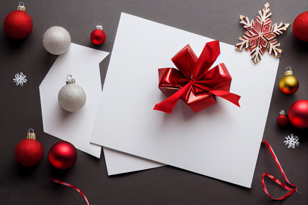 Christmas greeting card mockup with red ribbon and christmas balls on black backgroundの写真素材