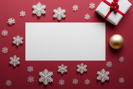 Christmas background with white snowflakes and gift box on red backgroundの写真素材