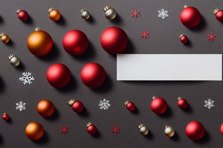 christmas composition. Christmas red balls on black background. Flat lay, top view, copy spaceの写真素材