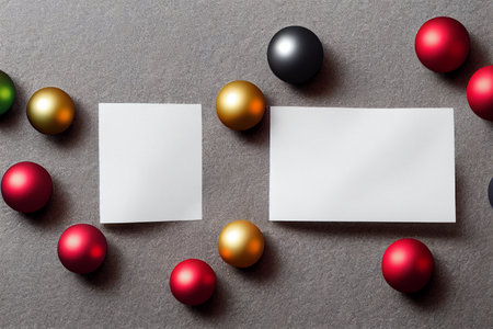 Blank business card with christmas baubles on gray backgroundの写真素材