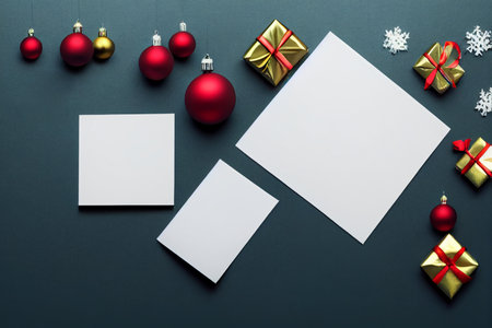 Merry Christmas and Happy Holidays greeting card mockup. Flat lay, top view.の写真素材