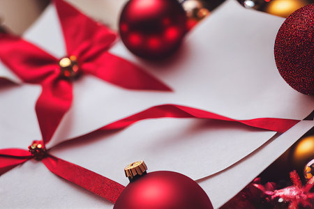 Christmas greeting card with red baubles and envelope on wooden tableの写真素材