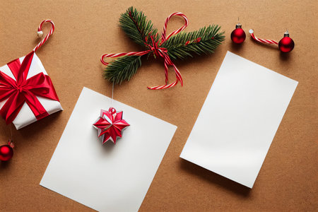 Christmas greeting card and gift box on wooden background. top view with copy spaceの写真素材