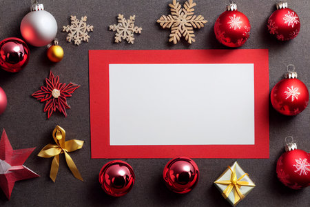 Christmas greeting card with red and gold baubles on black backgroundの写真素材