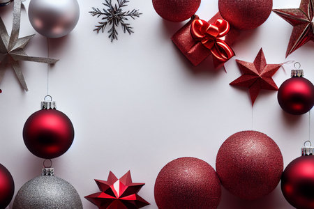 Christmas background with red and silver decorations on white. top view.の写真素材