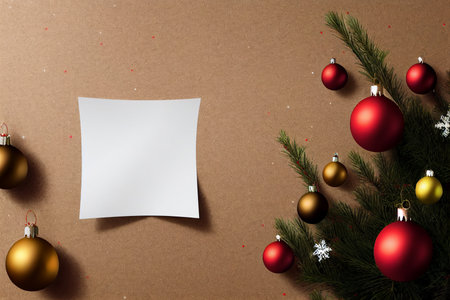 Christmas greeting card mockup. Top view with copy space. flat lay.の写真素材