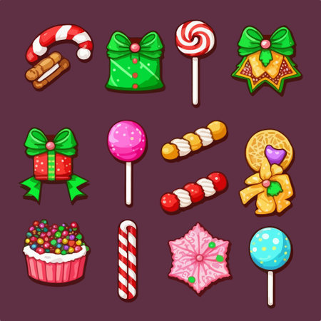 Cartoon christmas sweets icons set. Vector illustration isolated on dark background.のイラスト素材