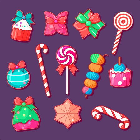 Set of cute cartoon candies, lollipops, cakes, lollipops, candy canes, cookies. vector illustration.のイラスト素材