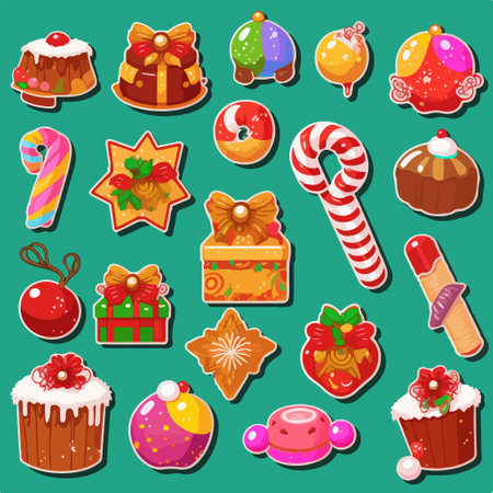 Christmas and New Year sticker set. Cakes, candies, lollipops, gingerbread, candy canes.のイラスト素材