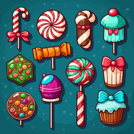 Set of different candies, lollipops, cakes, candies, candy caneshmallows. vector illustrationのイラスト素材