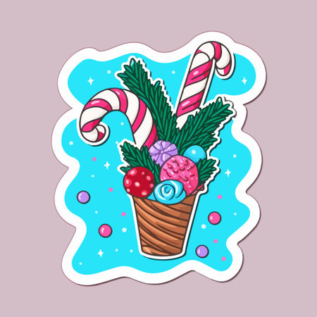 Candy canes in waffle cone with christmas ornaments. vector illustration.のイラスト素材