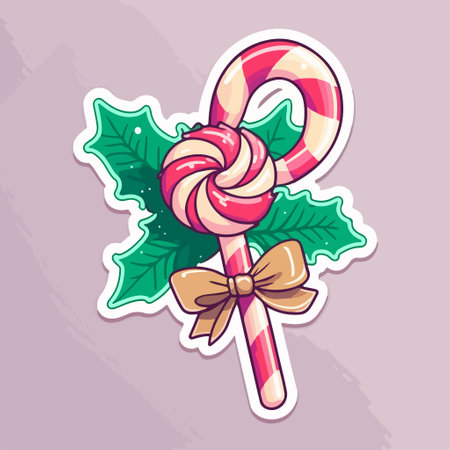 Candy cane with holly berry and bow. vector illustration.のイラスト素材