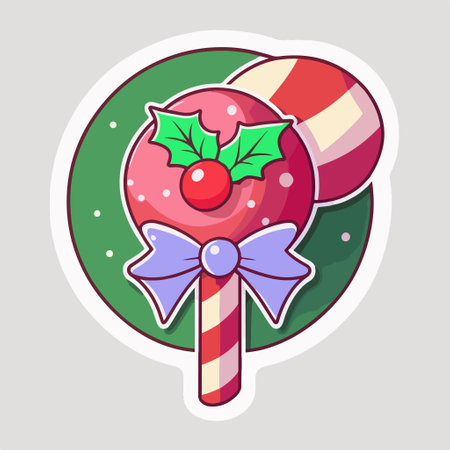 Colorful lollipop sticker with candy cane and holly berryのイラスト素材
