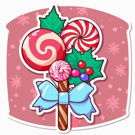 Candy lollipop with bow and holly berry illustrationのイラスト素材