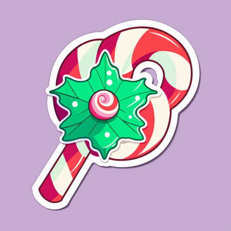 Candy cane and holly berry sticker. vector illustration.のイラスト素材