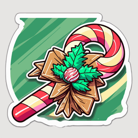 Sticker with candy canes and holly leaves. vector illustration.のイラスト素材