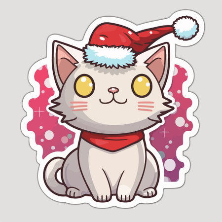 Cute cartoon cat in Santa Claus hat. Christmas sticker. vector illustration.のイラスト素材