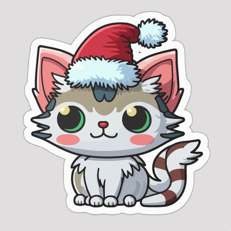 Cute cartoon cat in Santa Claus hat. Christmas sticker. vector illustration.のイラスト素材
