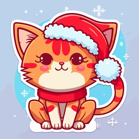 Cute cat in Santa Claus hat and scarf. vector illustration.のイラスト素材