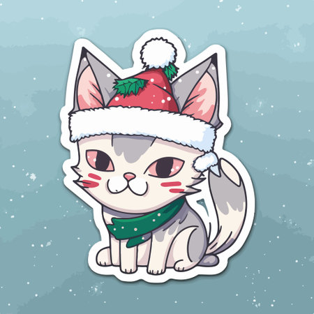 Cute cartoon cat in christmas hat. Vector illustration of a kitten in a Christmas hat.のイラスト素材