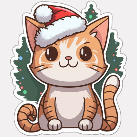 Cute cartoon cat in Santa Claus hat. Christmas sticker. vector illustration.のイラスト素材