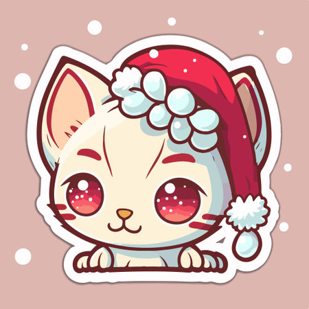Cute cartoon cat in Santa Claus hat. Christmas sticker. vector illustration.のイラスト素材