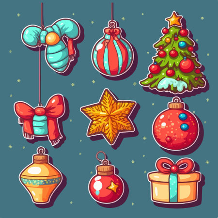 Christmas and New Year cartoon icons set. Vector illustration of christmas decorations.のイラスト素材